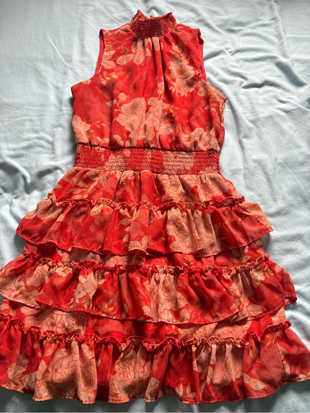 STATE Red Floral Smocked Tiered Ruffle Dress